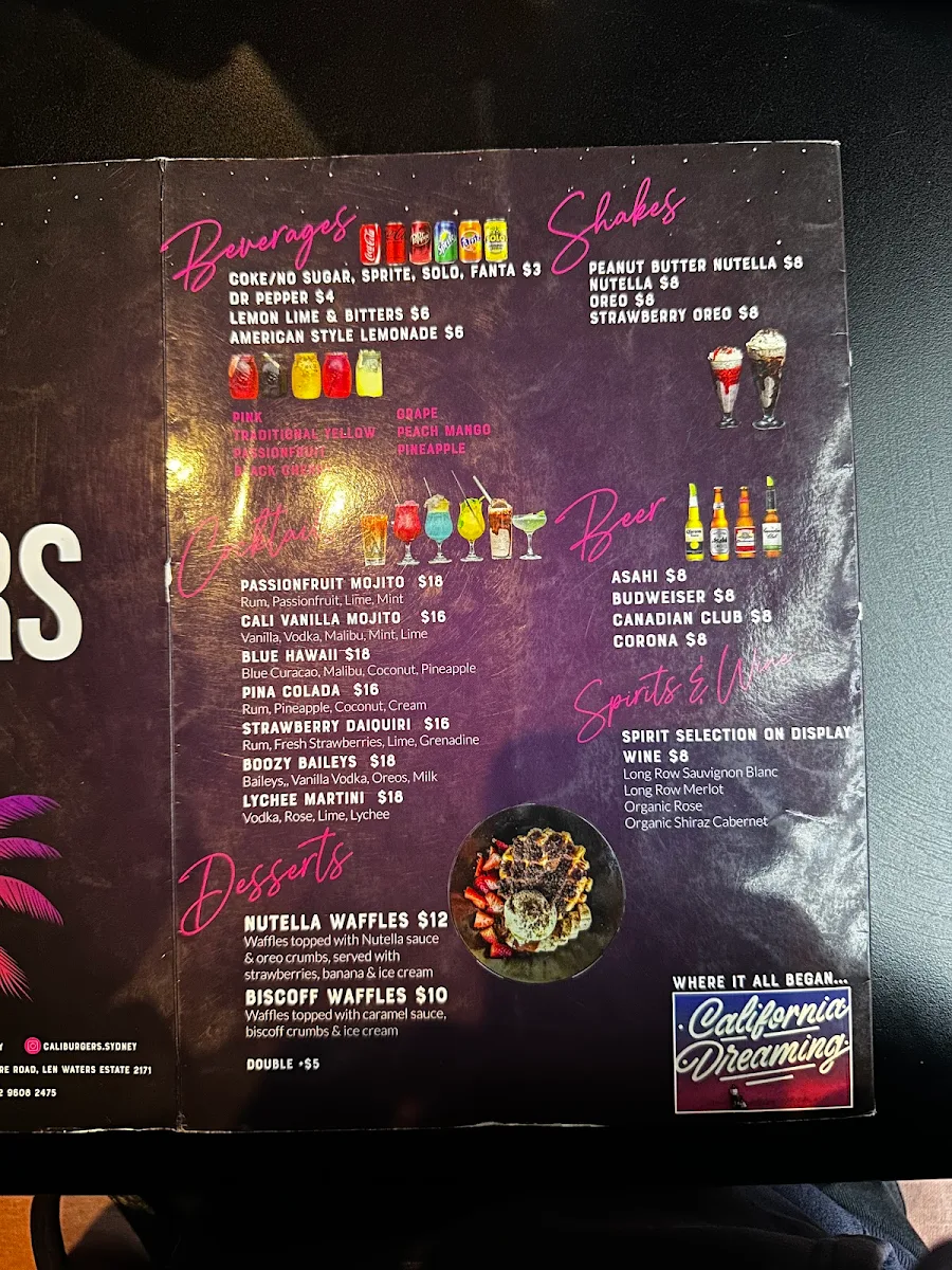 Menu, Cali Burgers Len Waters Estate