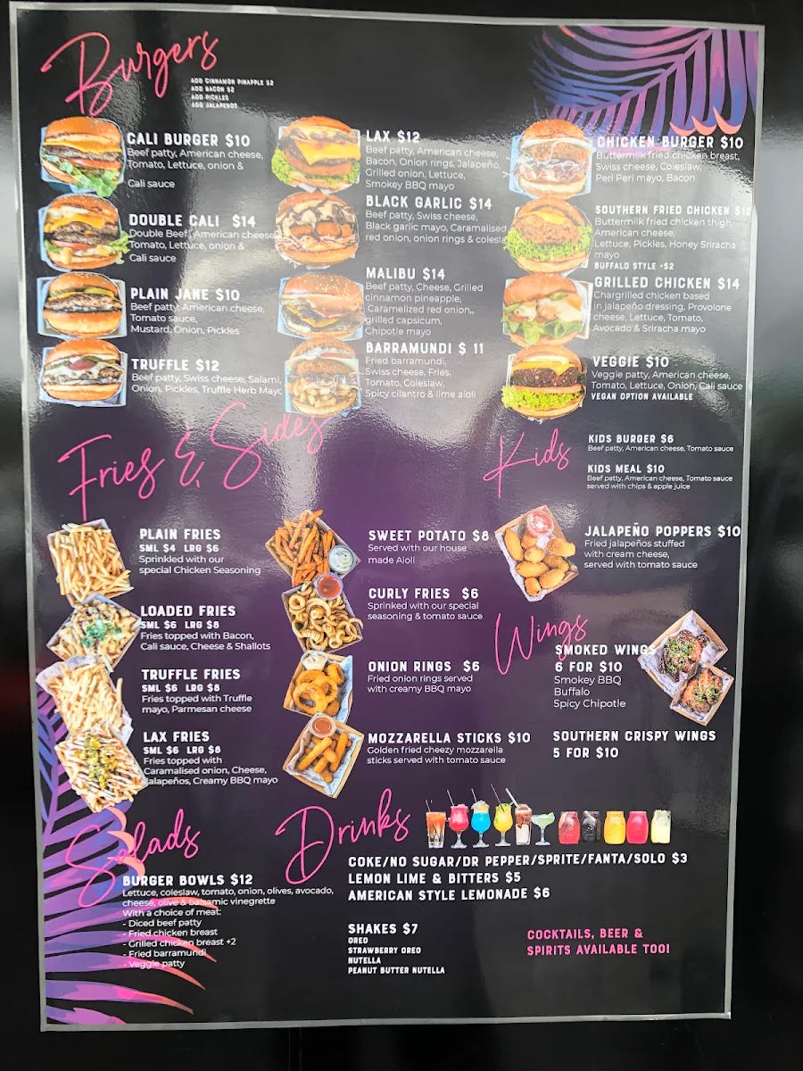 Menu, Cali Burgers Len Waters Estate