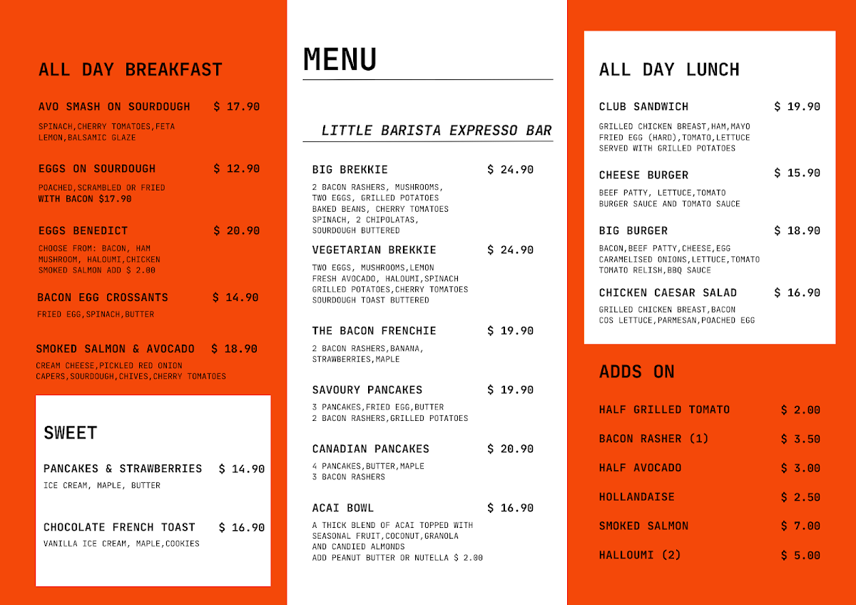 Menu, Little Barista Espresso Bar