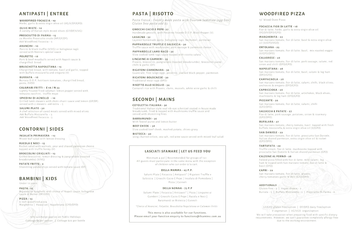 Menu, IL CAMINO RESTAURANT