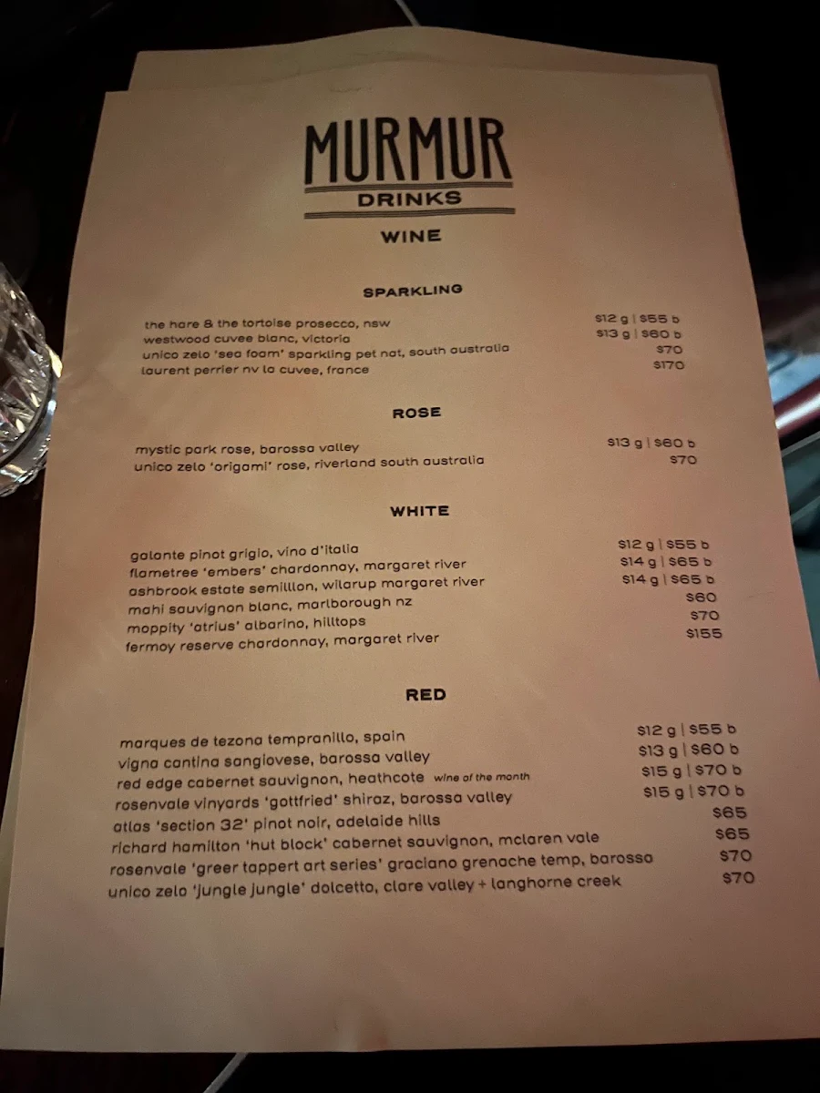 Menu, Murmur Piano Bar