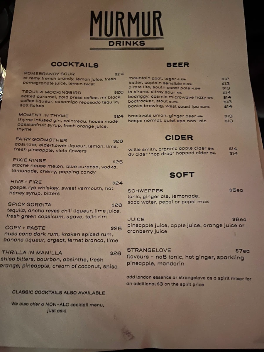 Menu, Murmur Piano Bar