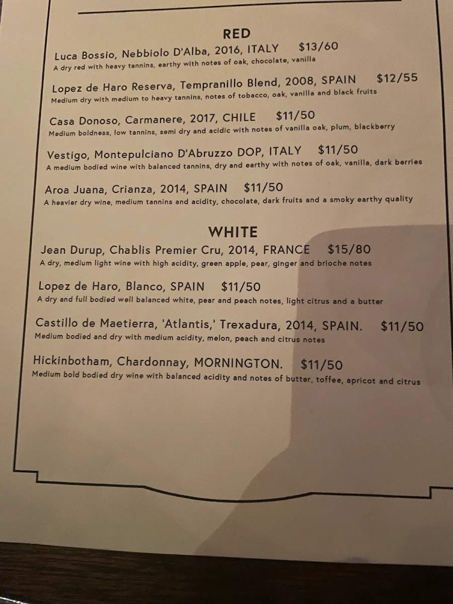 Menu, Murmur Piano Bar