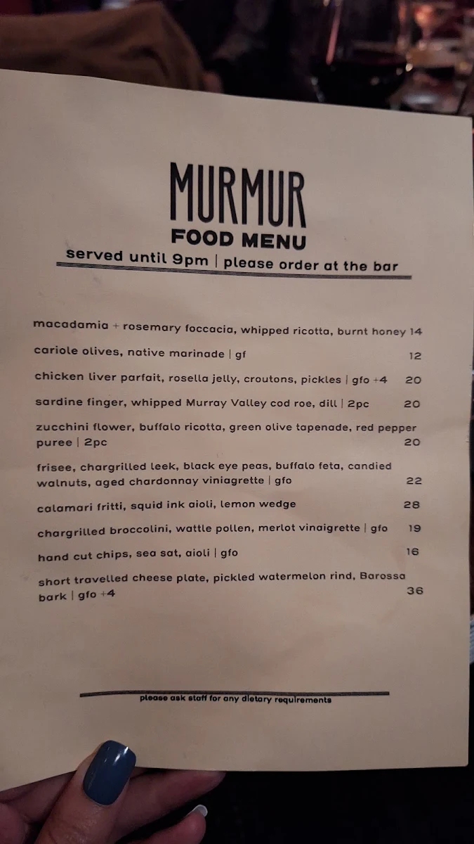 Menu, Murmur Piano Bar