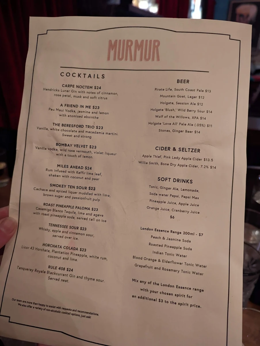 Menu, Murmur Piano Bar