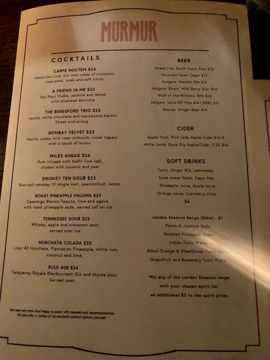 Menu, Murmur Piano Bar