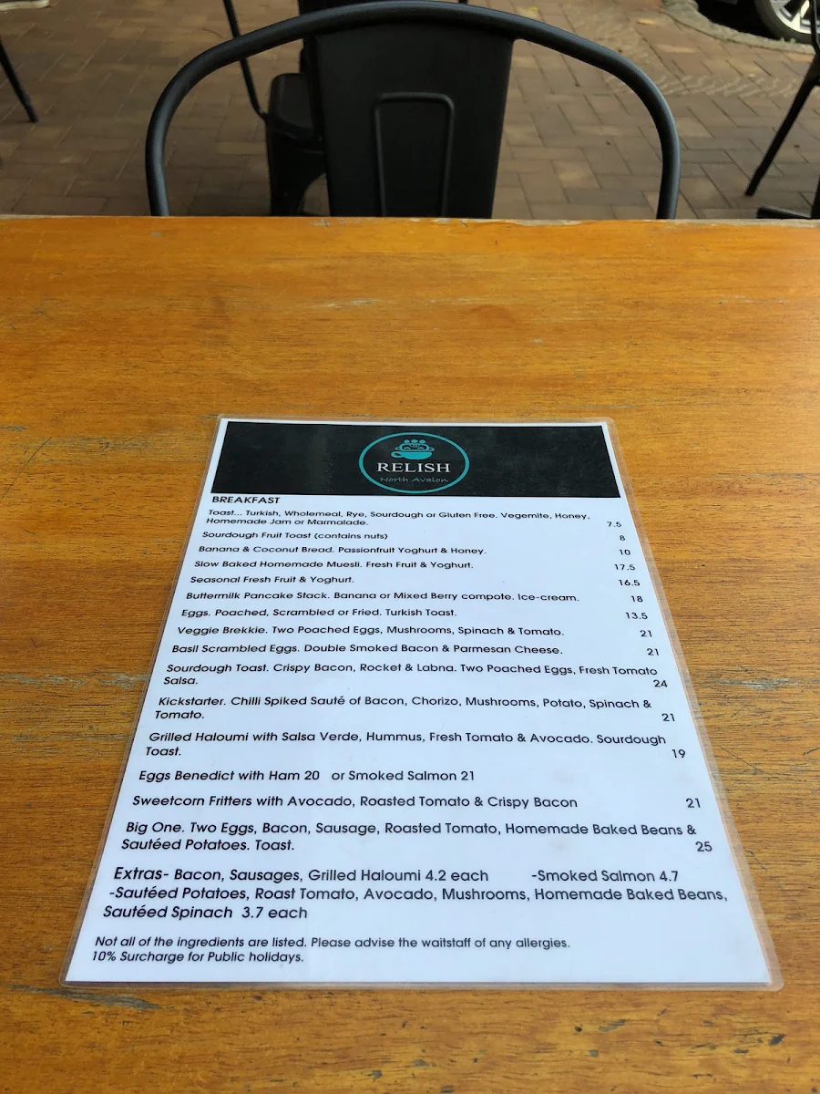 Menu, Café Relish
