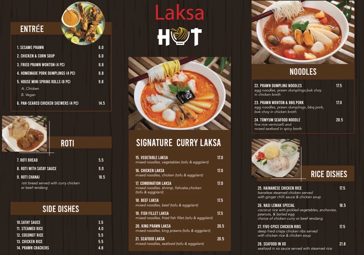 Menu, Laksa Hut Watervale