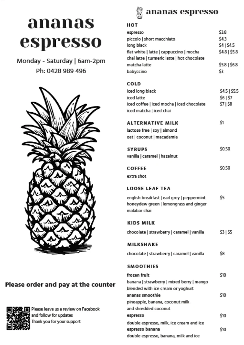 Menu, Ananas Espresso