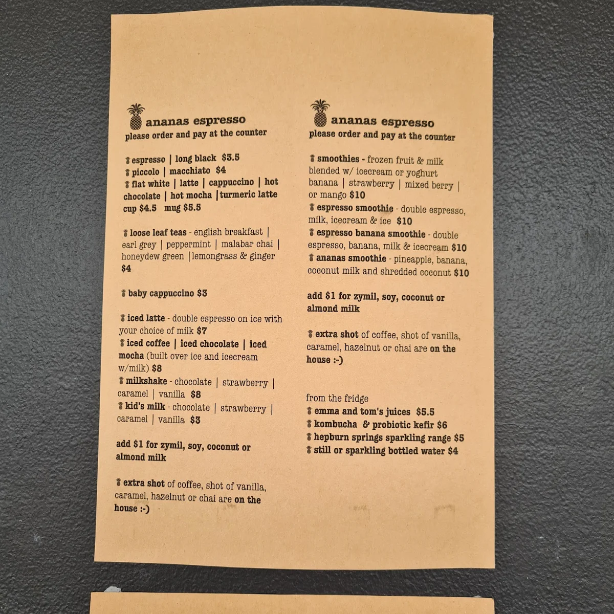 Menu, Ananas Espresso