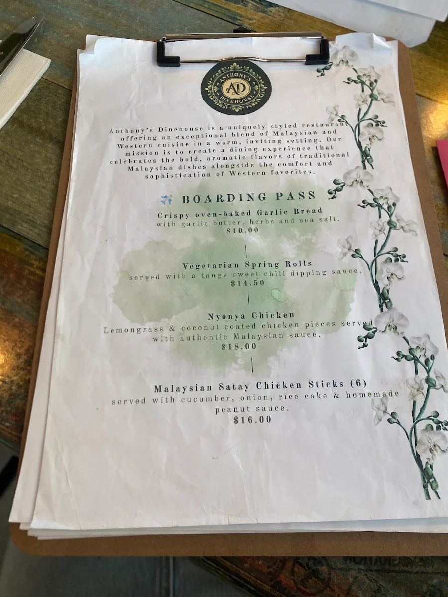 Menu, Anthony's Dinehouse