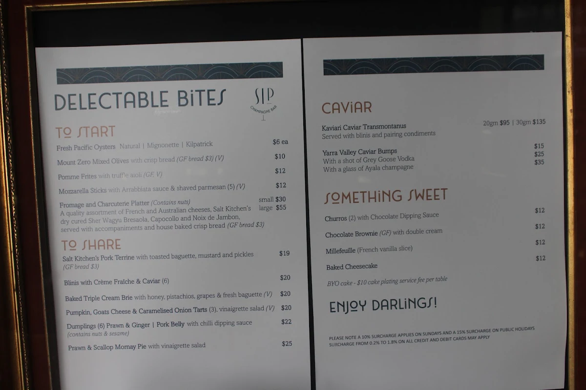 Menu, SIP Champagne Bar
