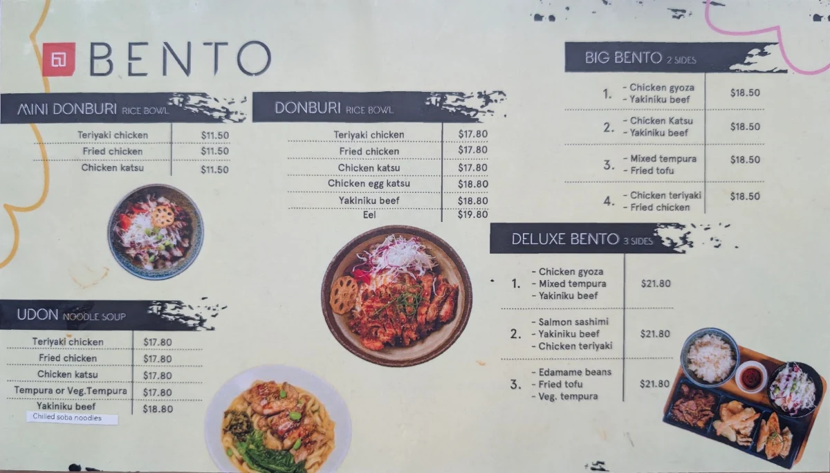 Menu, Bento Hobart City, Harrington Street
