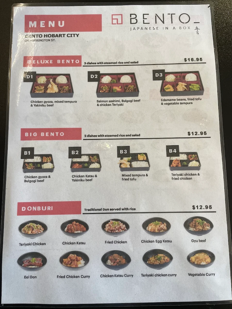 Menu, Bento Hobart City, Harrington Street