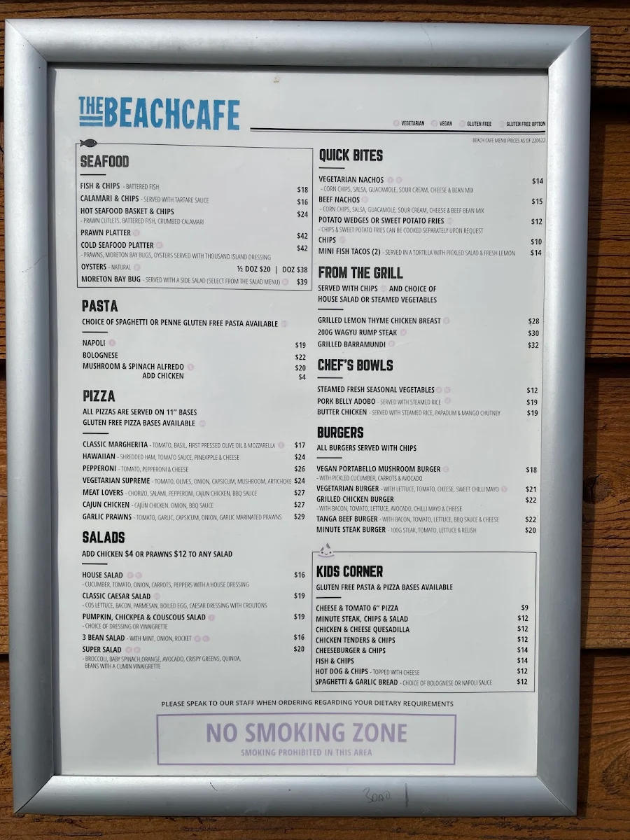 Menu, Beach Cafe