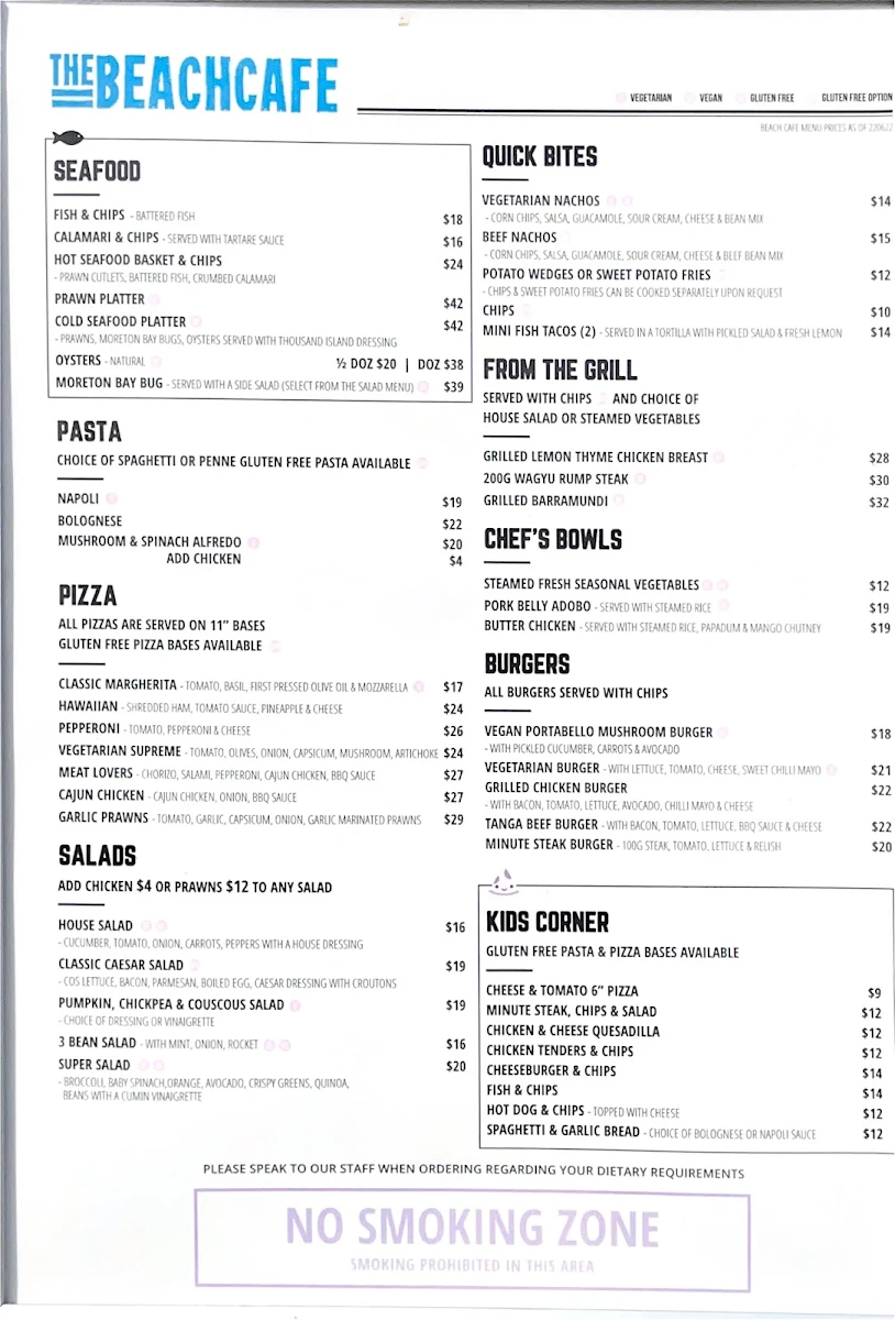 Menu, Beach Cafe