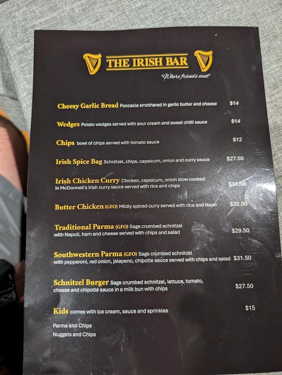 Menu, The Irish Bar