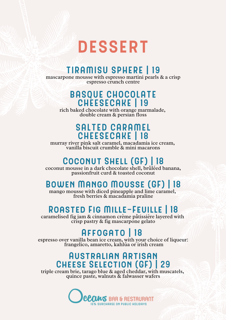 Menu, Oceans Bar & Restaurant