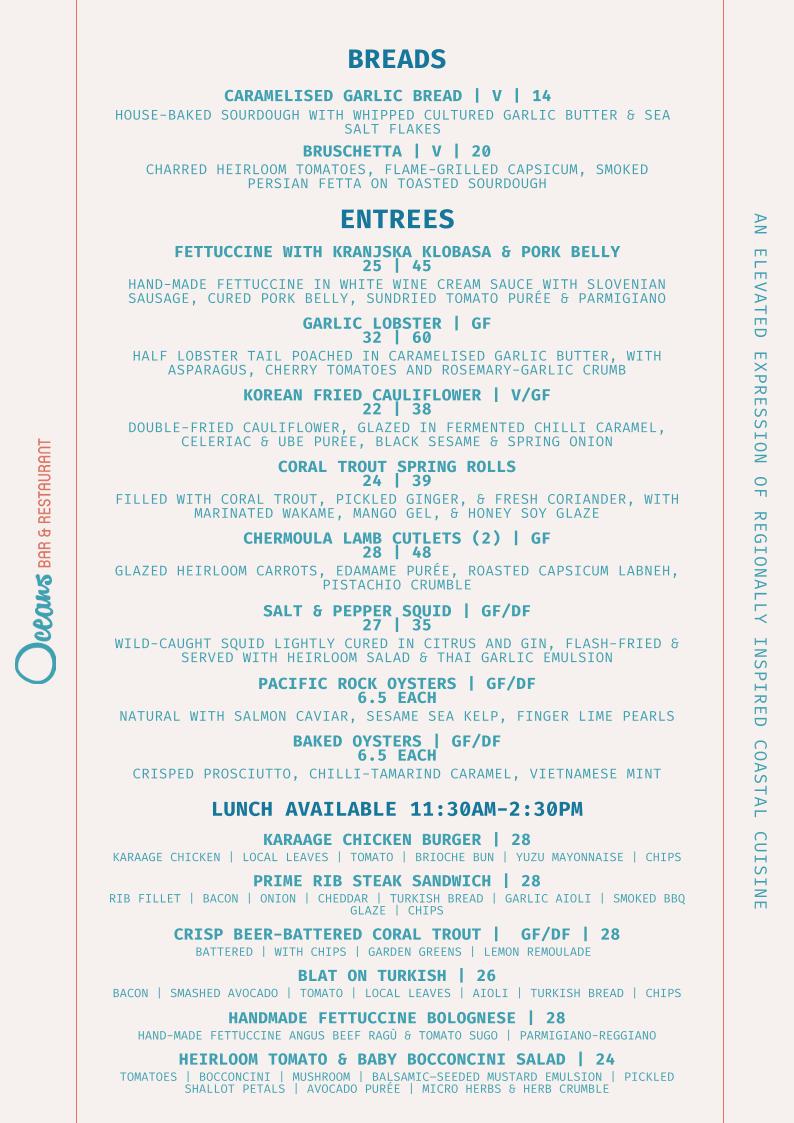 Menu, Oceans Bar & Restaurant
