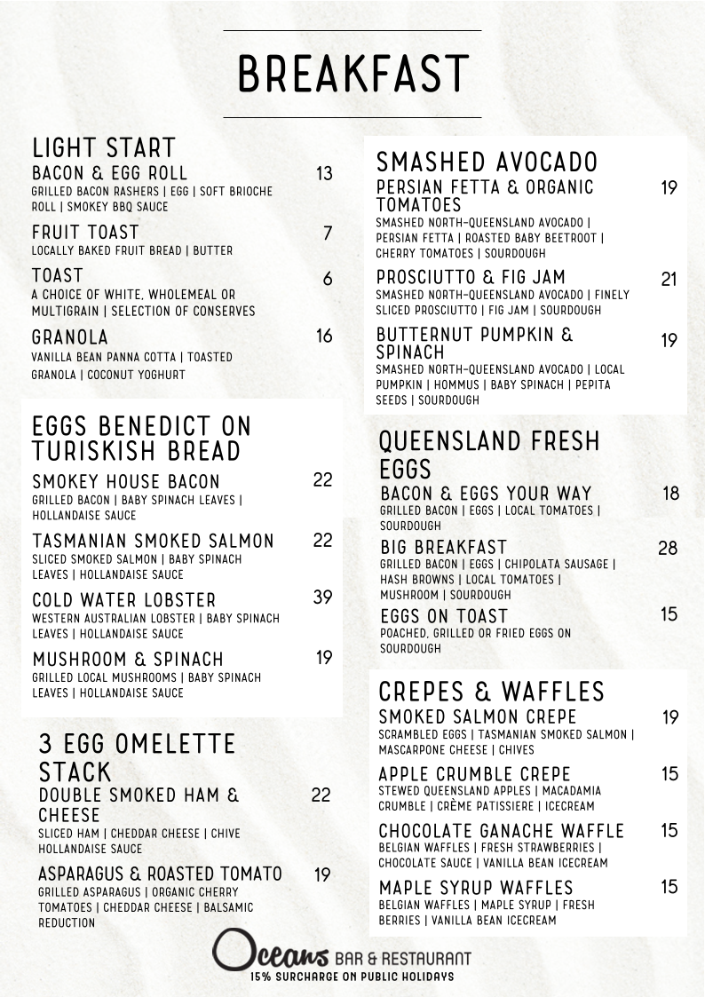 Menu, Oceans Bar & Restaurant