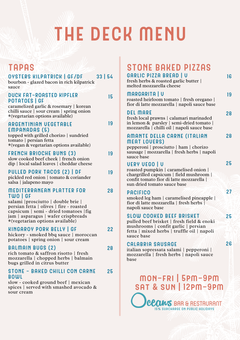 Menu, Oceans Bar & Restaurant