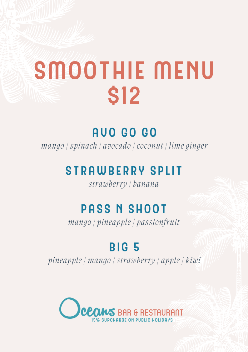 Menu, Oceans Bar & Restaurant