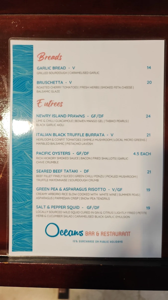 Menu, Oceans Bar & Restaurant