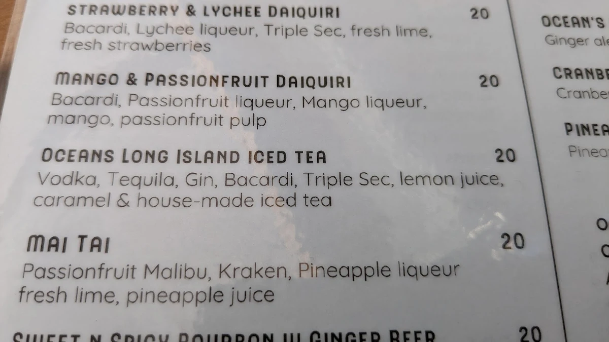 Menu, Oceans Bar & Restaurant