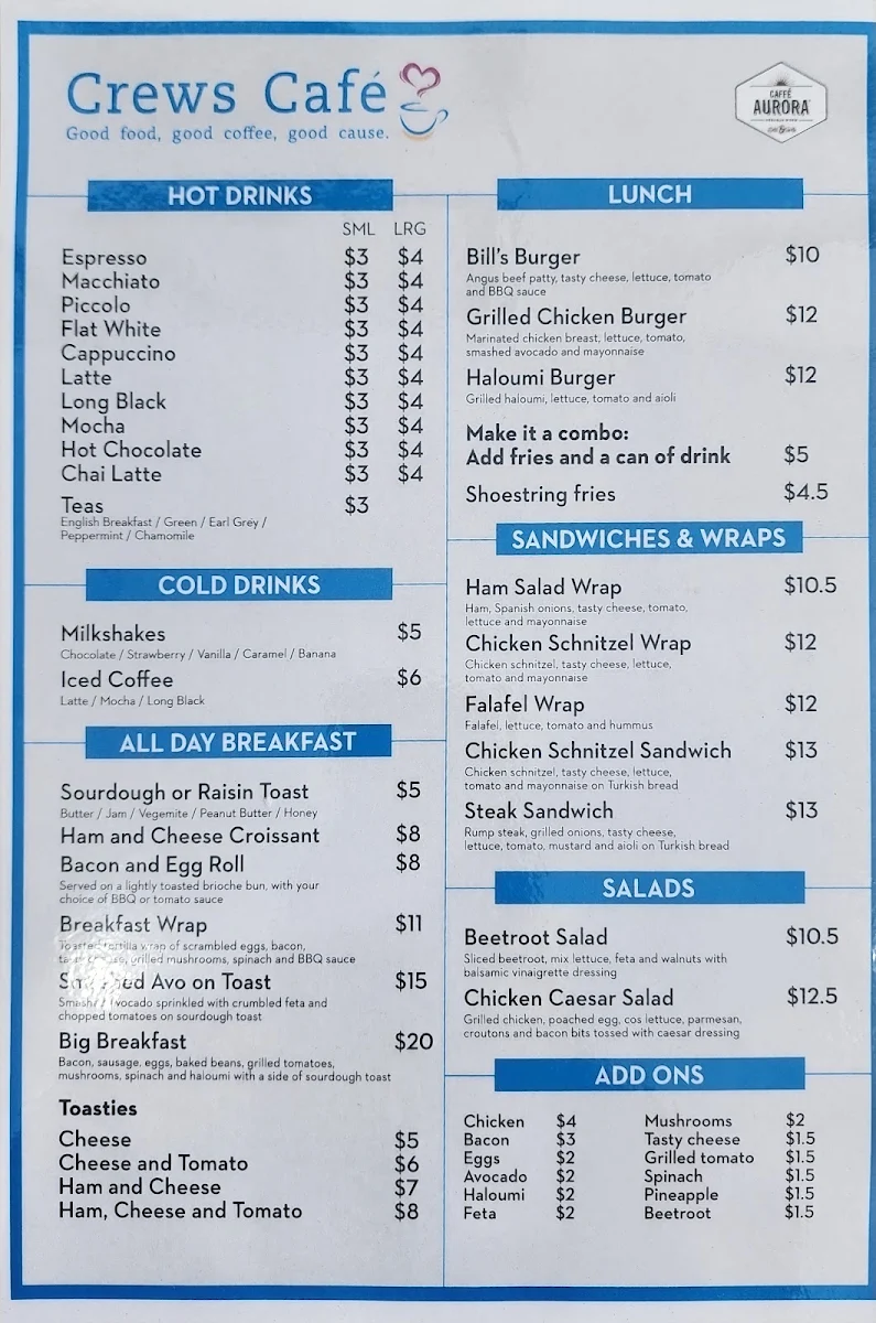 Menu, Crews Café