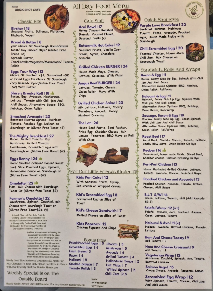 Menu, Quick Shot Cafe @ Jannali