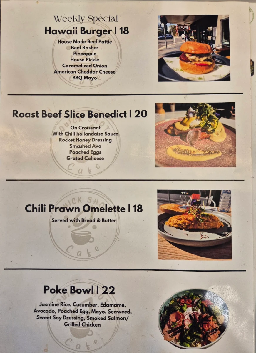 Menu, Quick Shot Cafe @ Jannali