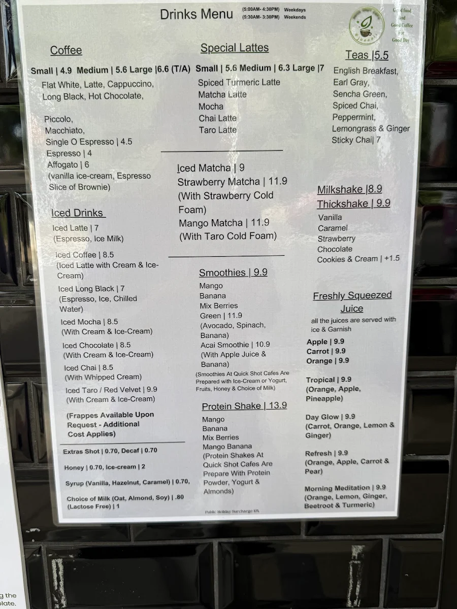 Menu, Quick Shot Cafe @ Jannali