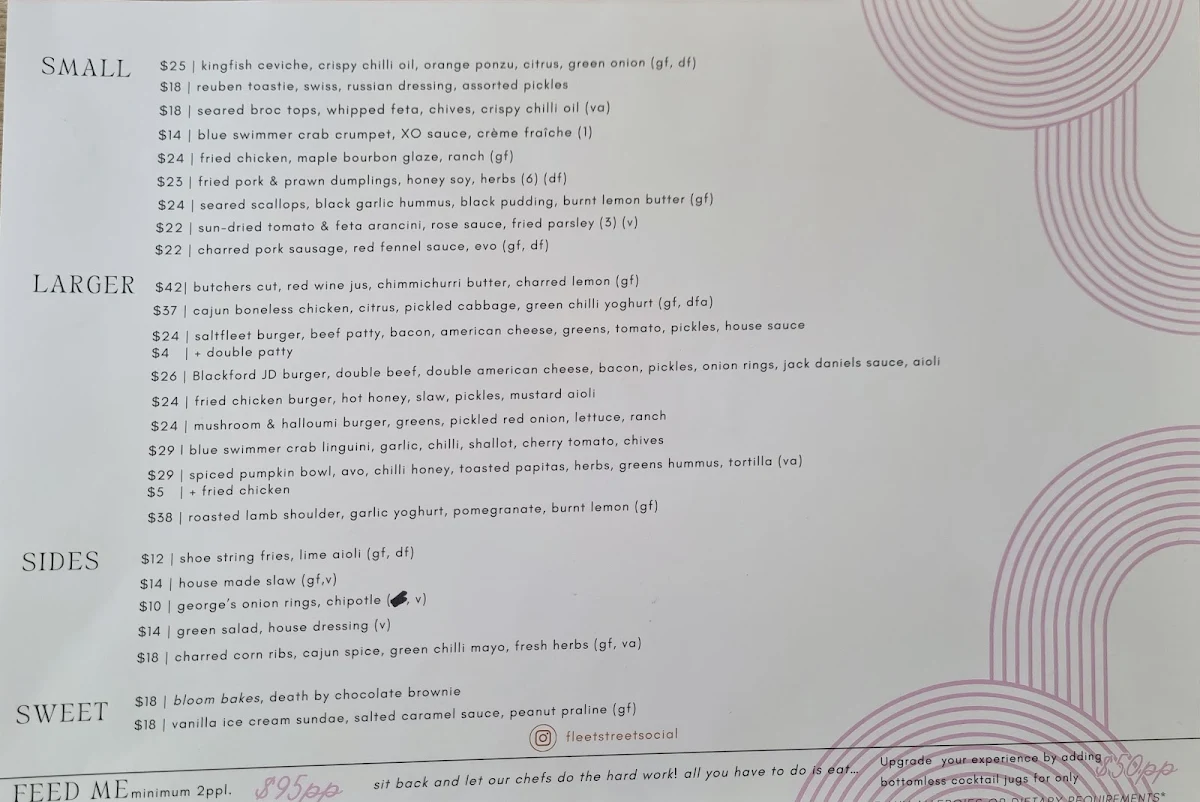 Menu, Fleet Street Social