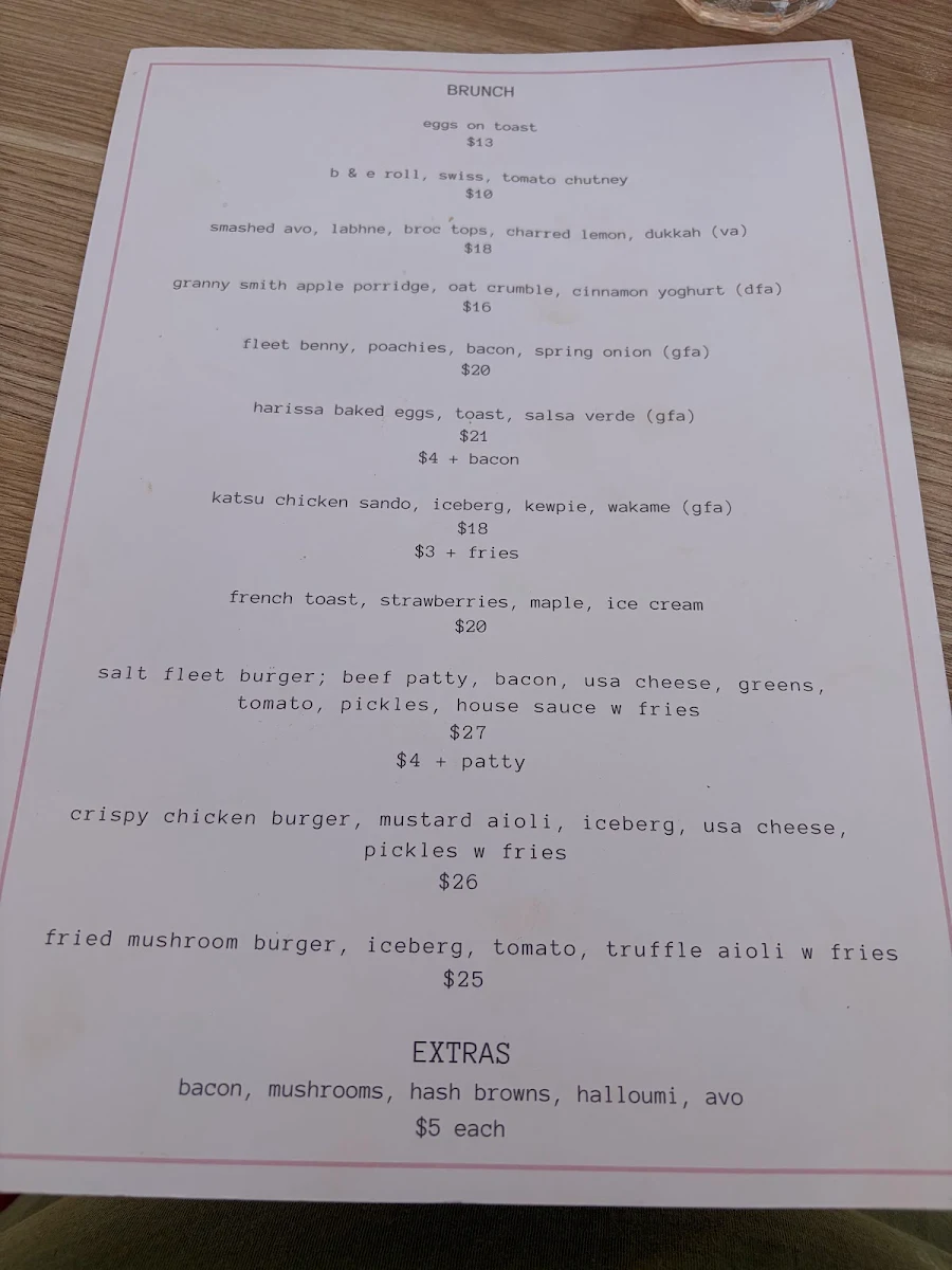 Menu, Fleet Street Social