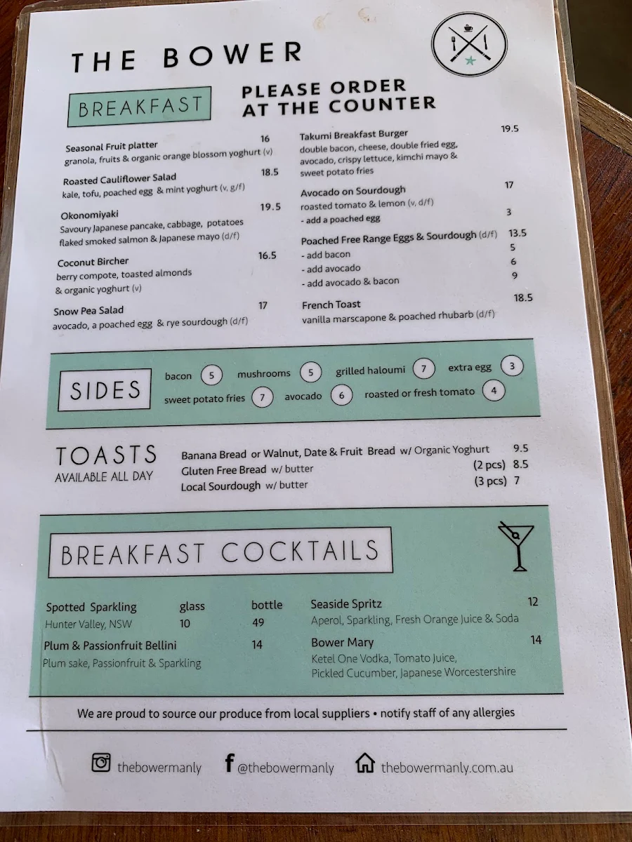 Menu, The Bower Manly