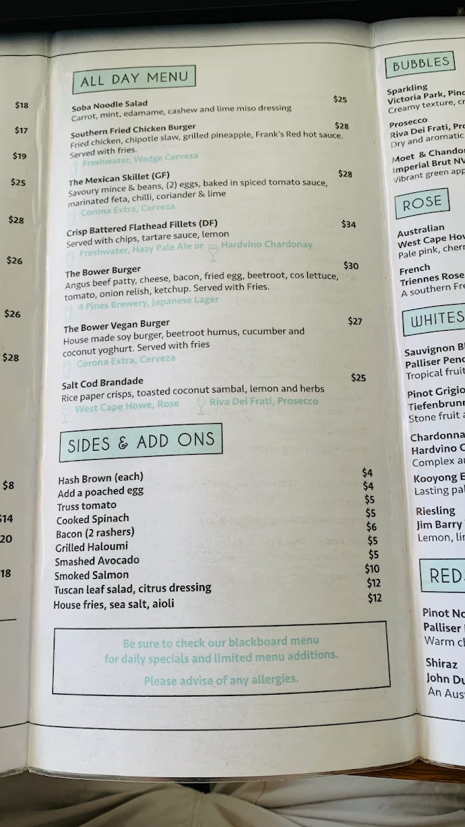Menu, The Bower Manly
