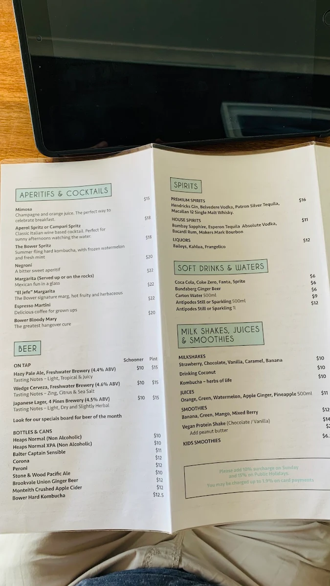 Menu, The Bower Manly