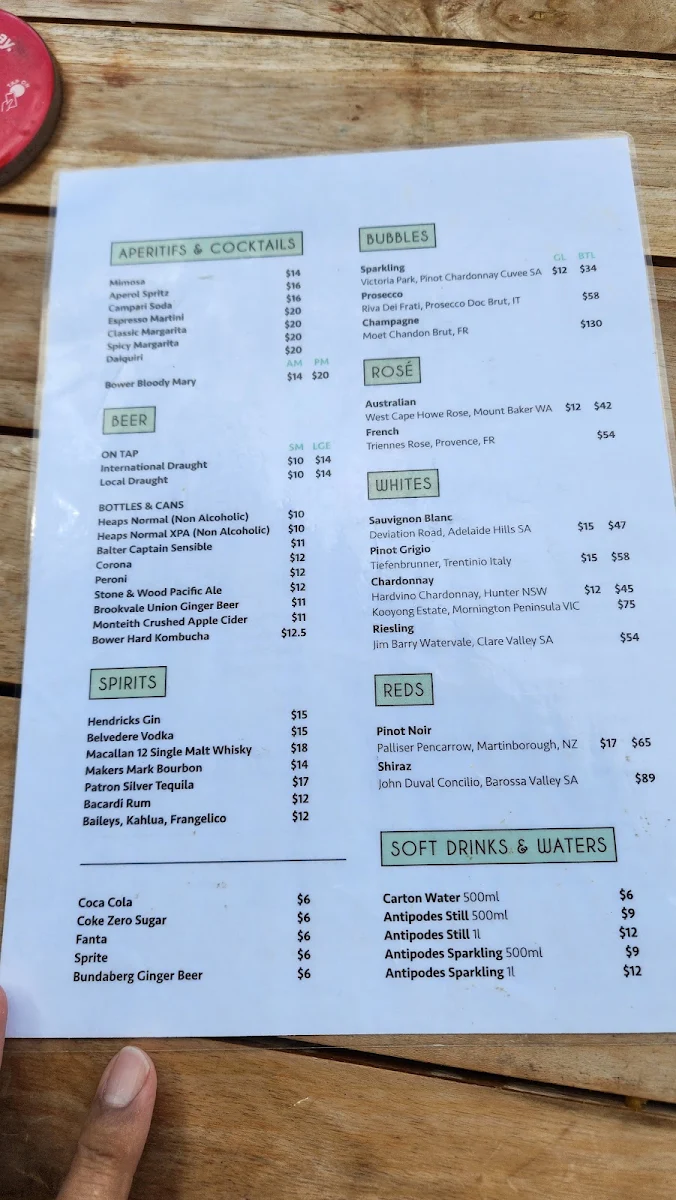 Menu, The Bower Manly