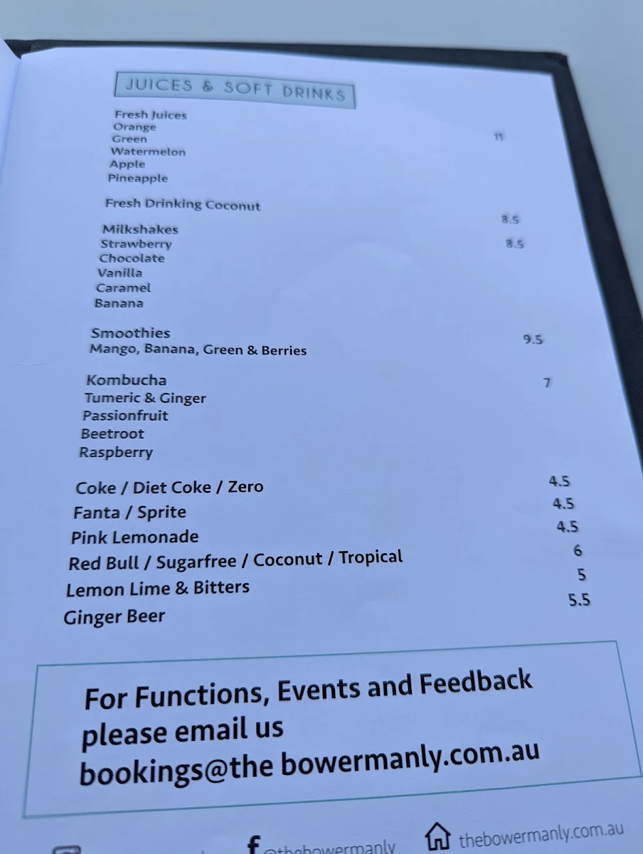 Menu, The Bower Manly