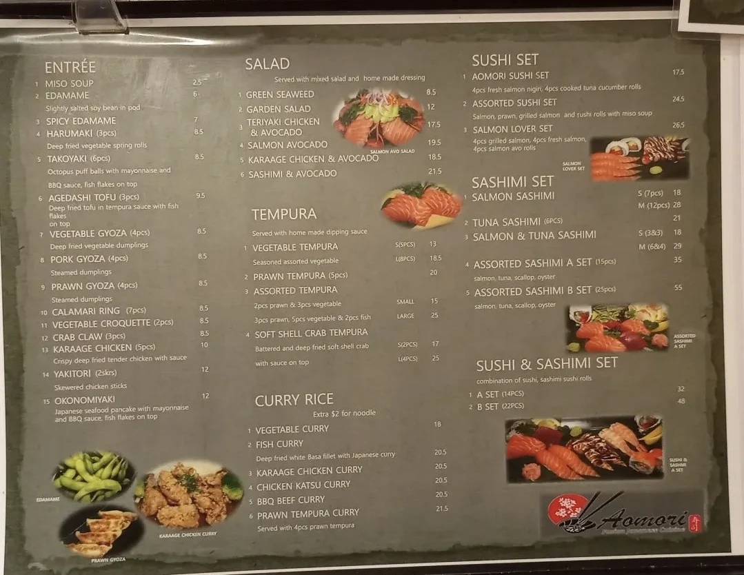 Menu, Aomori sushi in Caringbah NSW