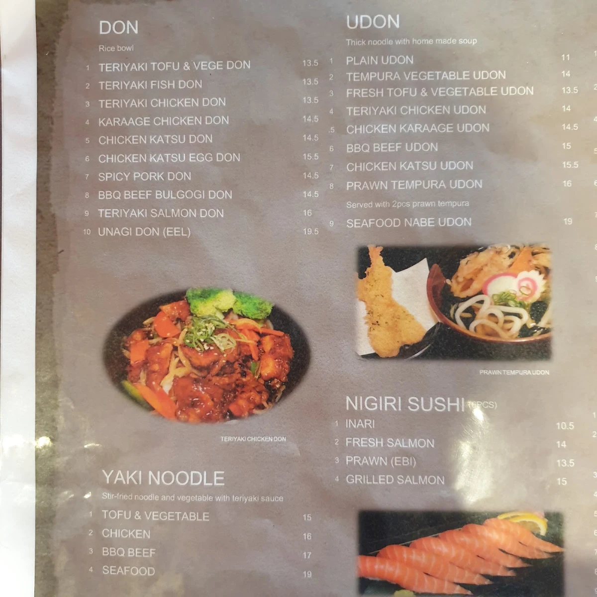 Menu, Aomori sushi in Caringbah NSW