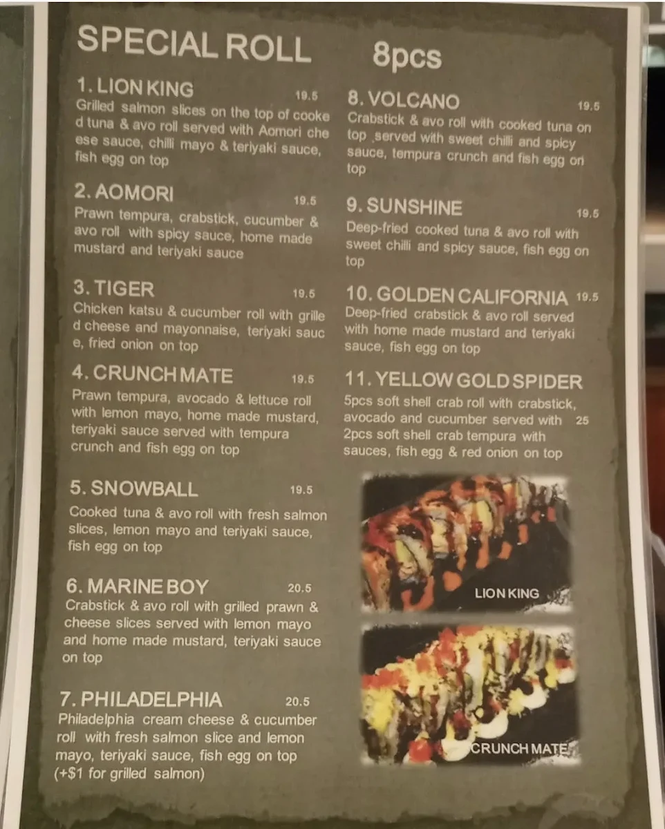 Menu, Aomori sushi in Caringbah NSW