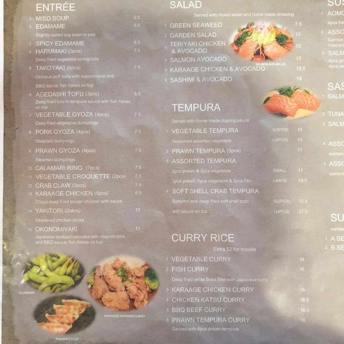 Menu, Aomori sushi in Caringbah NSW