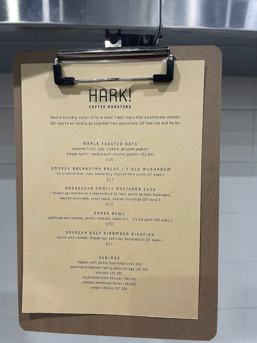 Menu, HARK! Coffee Roasters