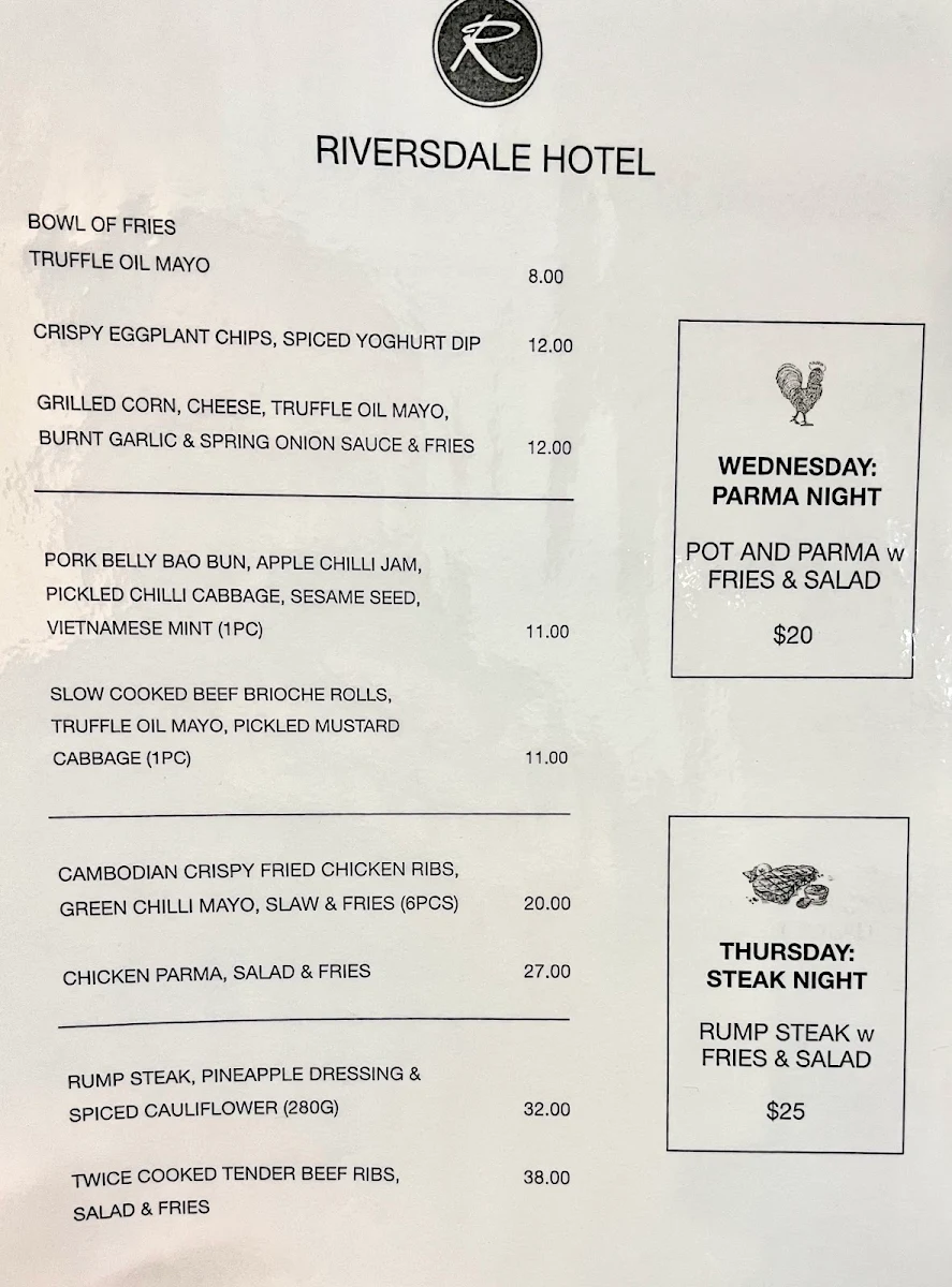 Menu, Riversdale Hotel