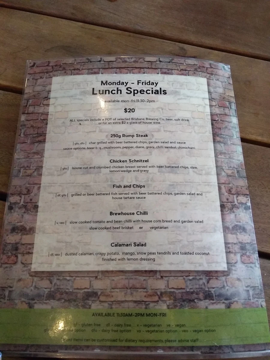 Menu, Brisbane Brewing Co. Woolloongabba