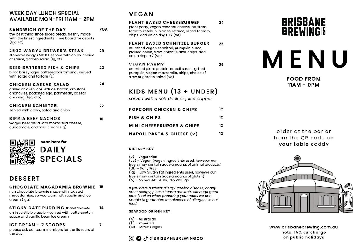 Menu, Brisbane Brewing Co. Woolloongabba