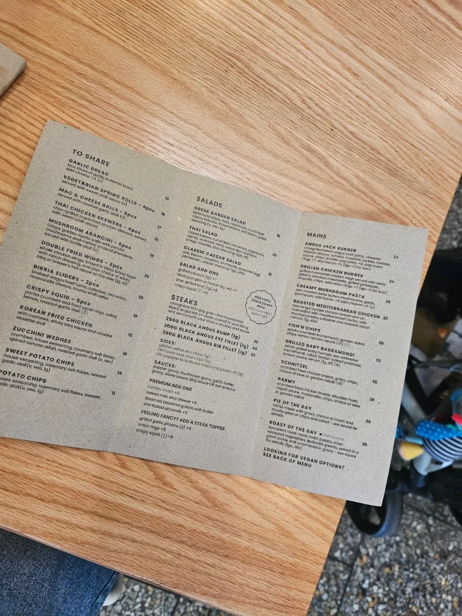 Menu, Brisbane Brewing Co. Woolloongabba