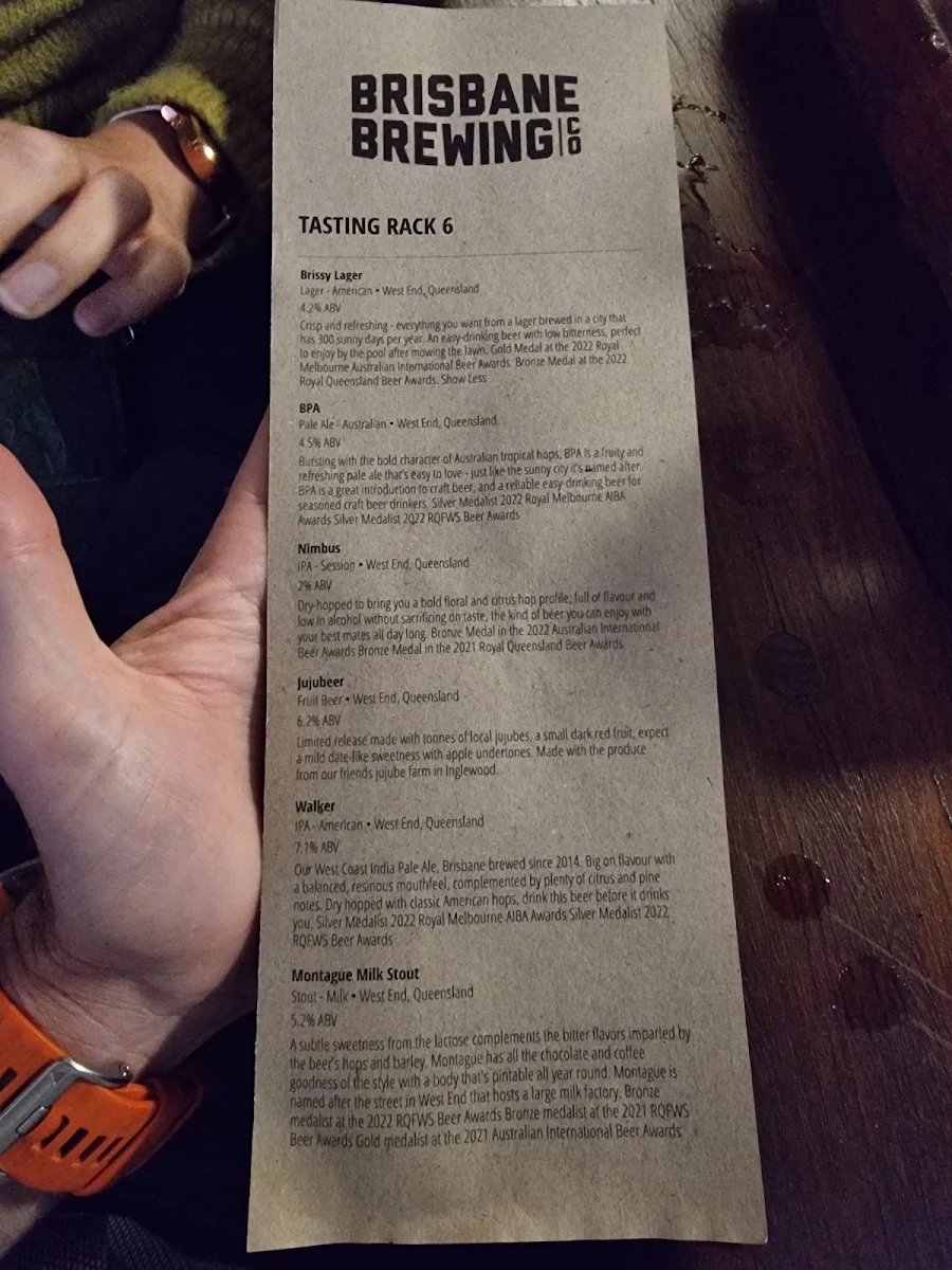 Menu, Brisbane Brewing Co. Woolloongabba