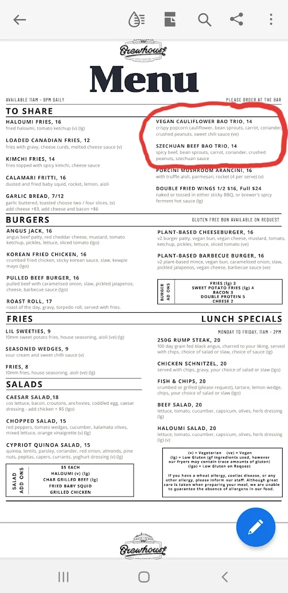 Menu, Brisbane Brewing Co. Woolloongabba
